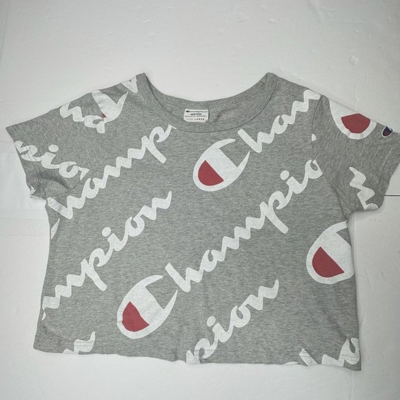 Champion Crop Top Womens Grey Heritage All Over Logo Print Short Sleeve Tee Sz l - Picture 1 of 5
